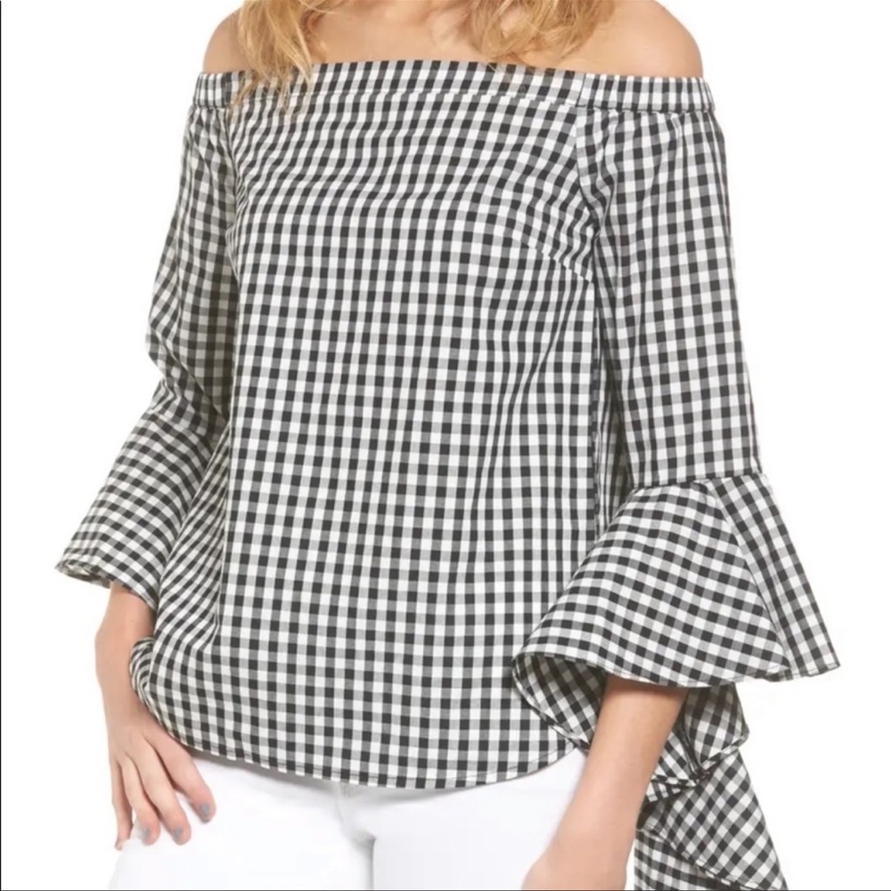 Chelsea28 off the shoulder Gingham Blouse